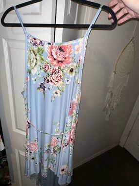 Emerald Pastel Blue Floral High-Low Spaghetti Strap Dress